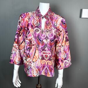 Chico's top Large colorful summer beaded art to wear boho India IKAT